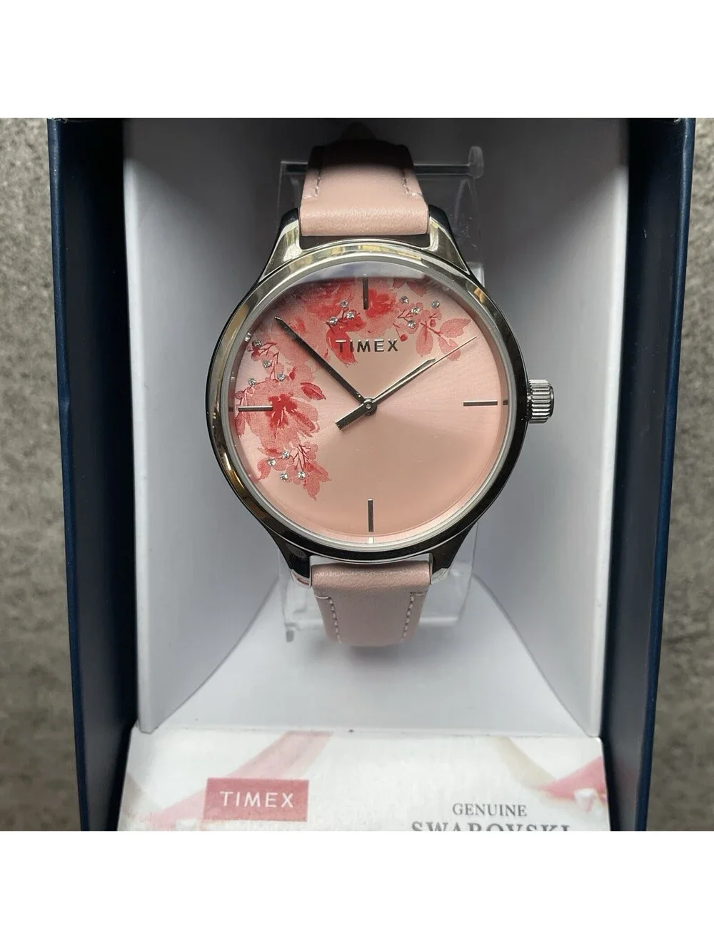 Timex Womens Watch 36mm Case Floral Dial Pink Leather Band Quartz Three Hands S2